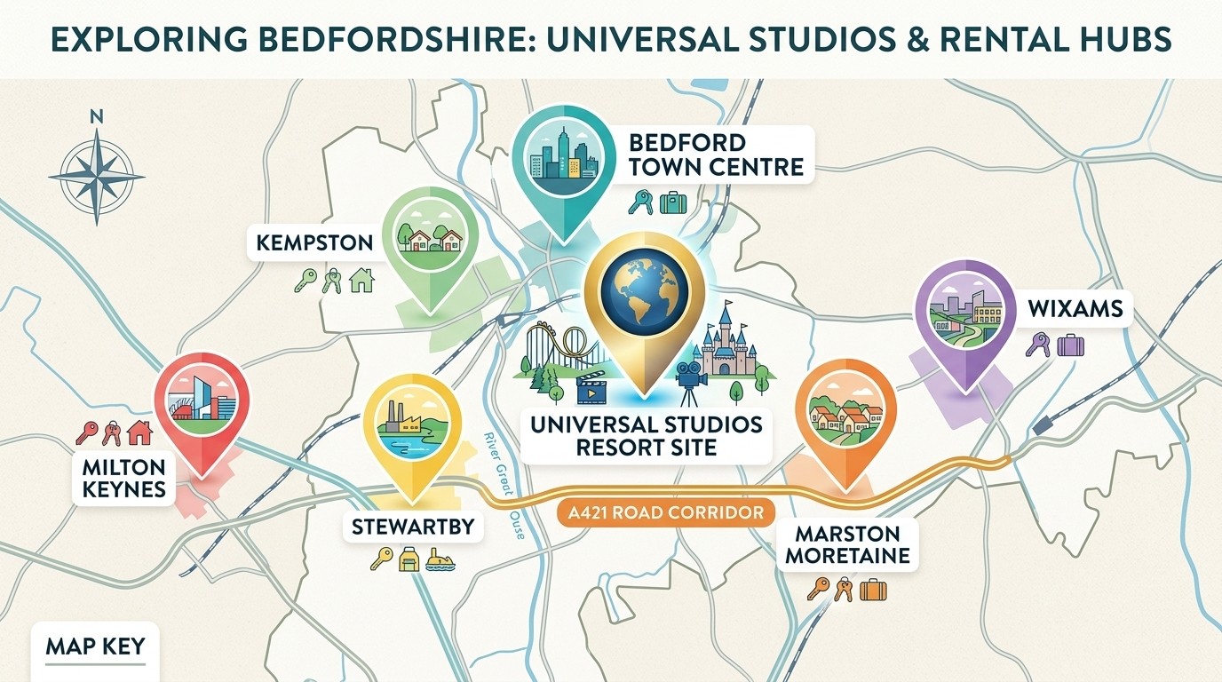 Map of the top short-term letting areas around the Universal Studios Bedford resort site